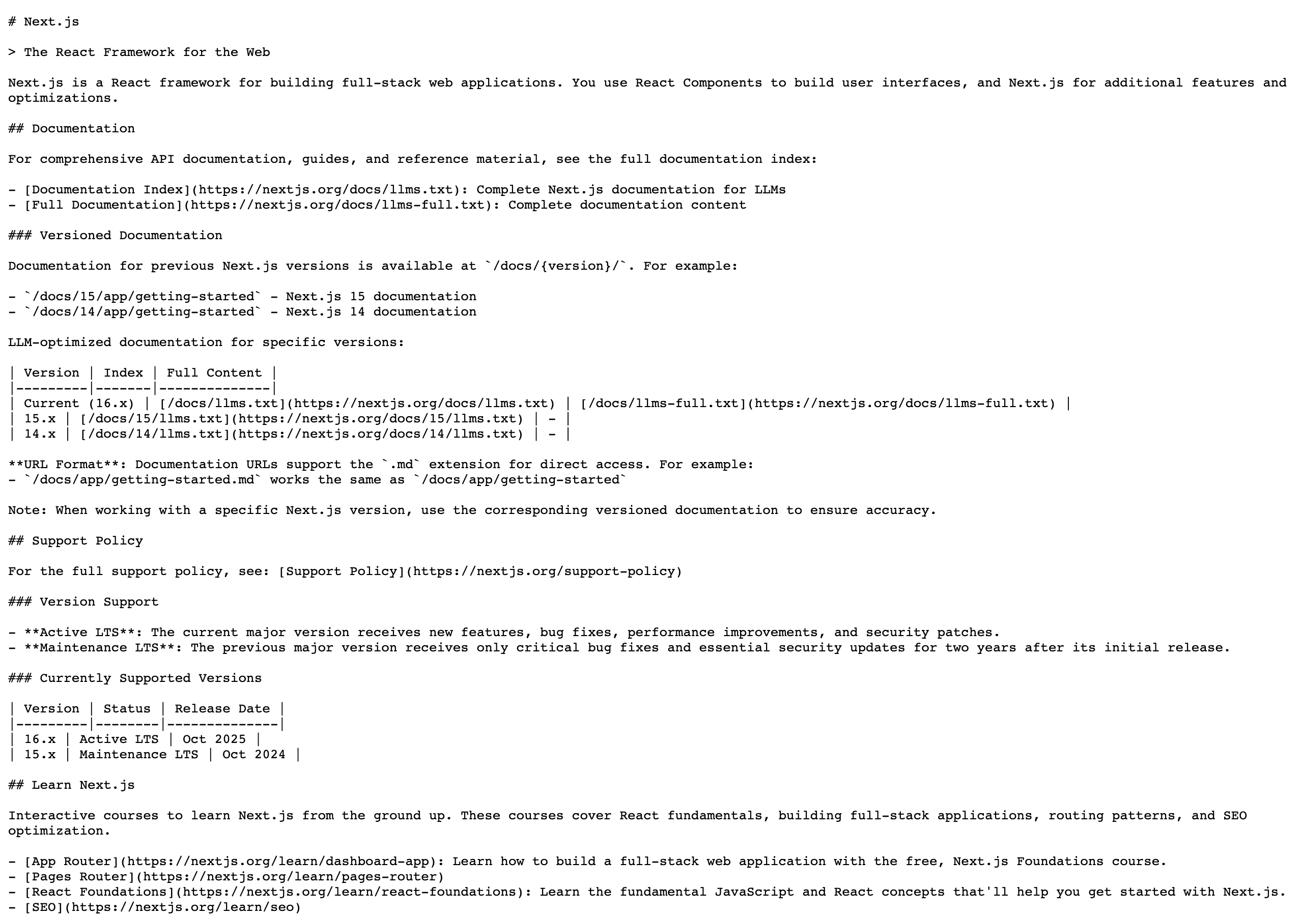 A real llms.txt file from a major technology site