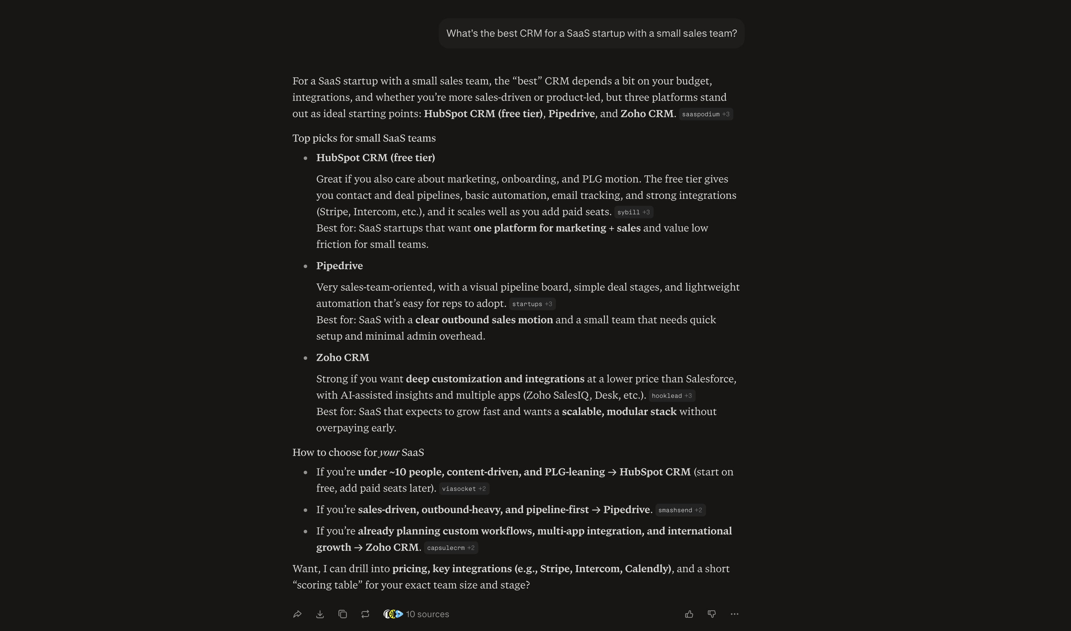 Perplexity answer recommending CRMs for a small team, with named brands and numbered citations