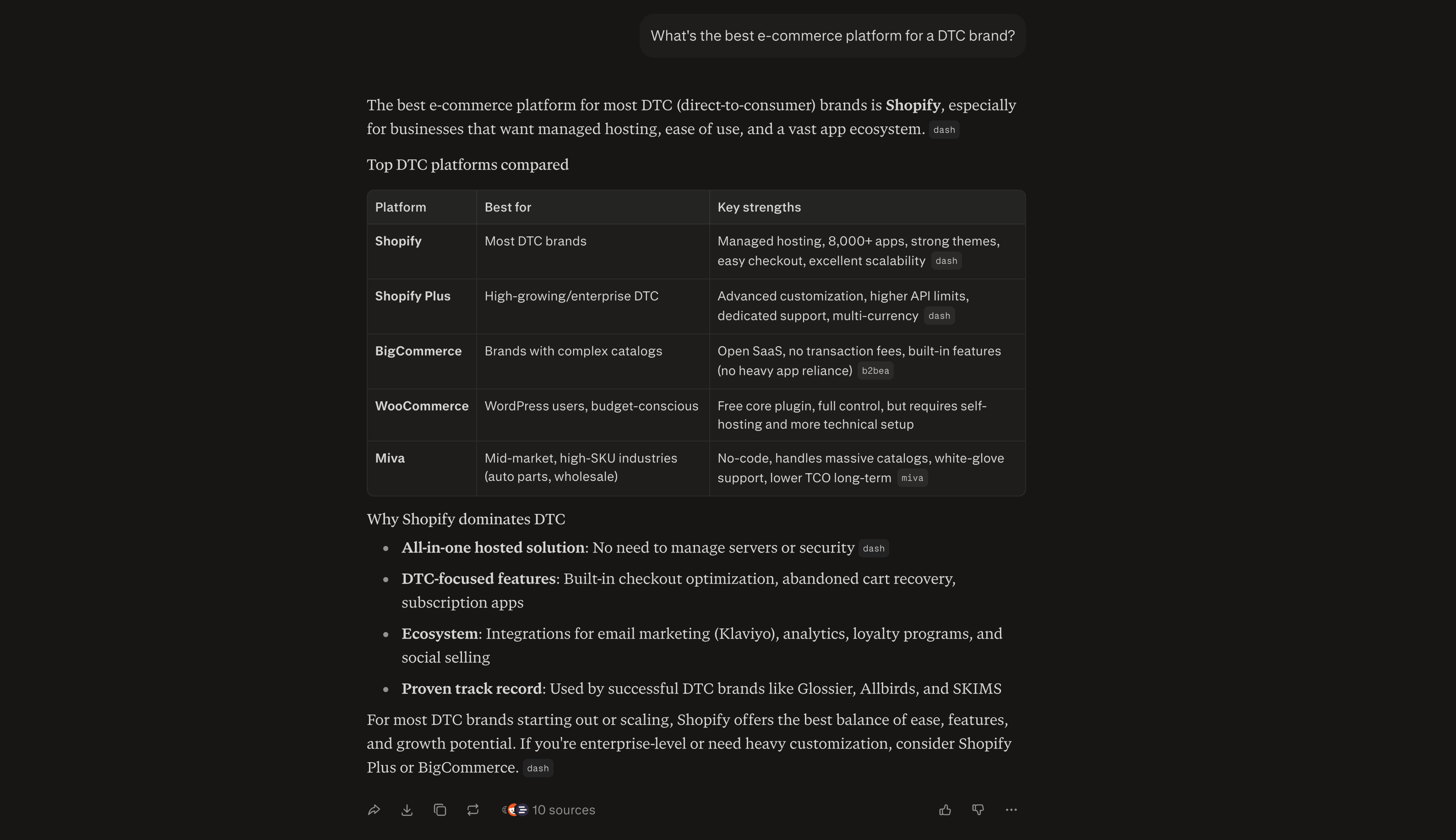 A real Perplexity answer to 'best e-commerce platform for a DTC brand', naming Shopify as the default with a comparison table of Shopify Plus, BigCommerce, WooCommerce, and Miva