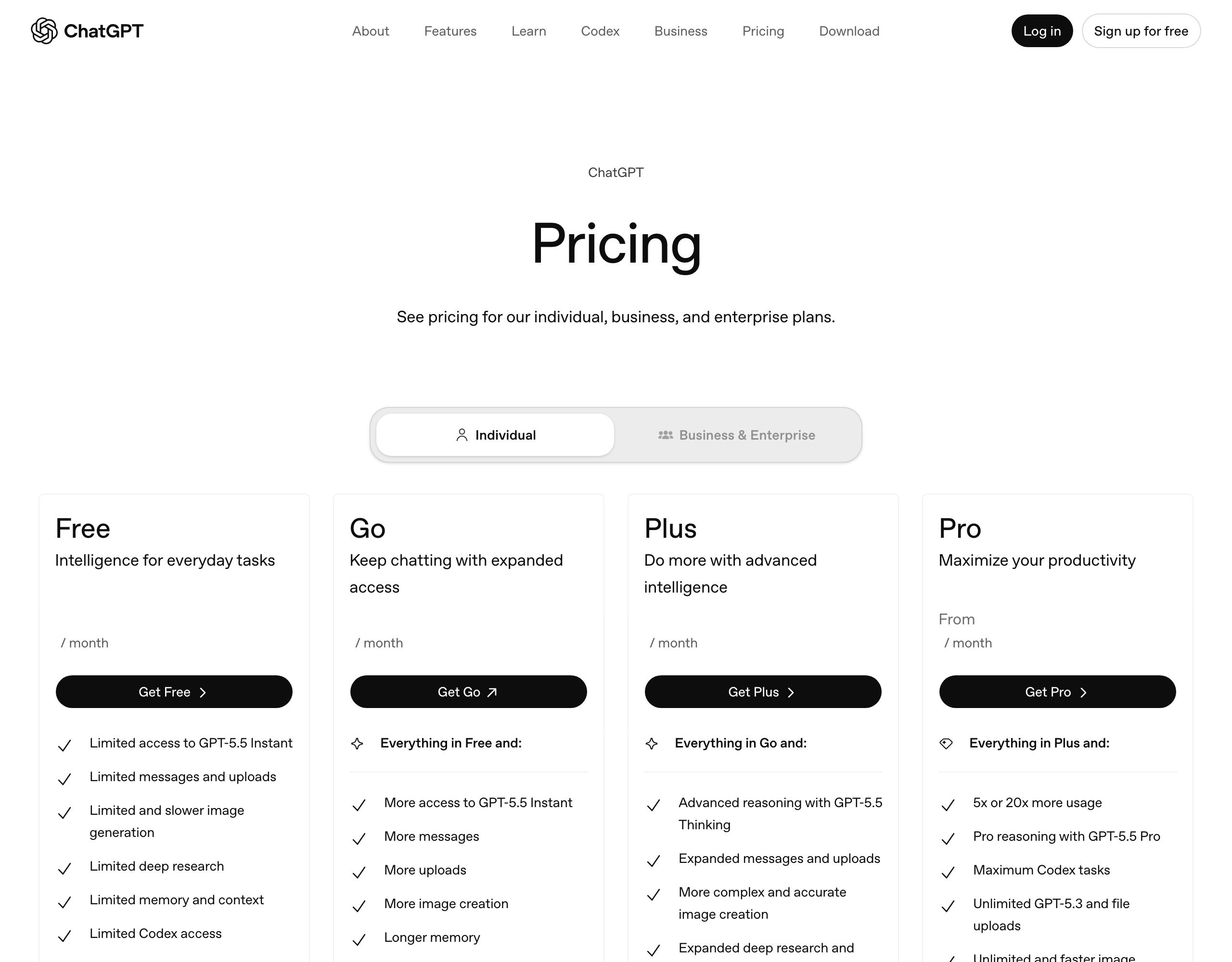 ChatGPT pricing tiers from OpenAI