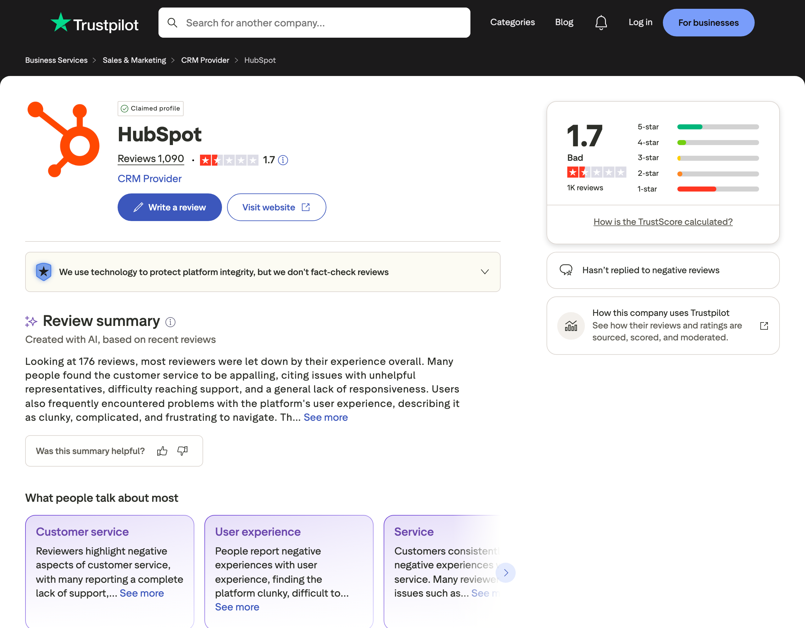 Trustpilot brand profile showing review surface that influences both Google SERPs and AI search answers