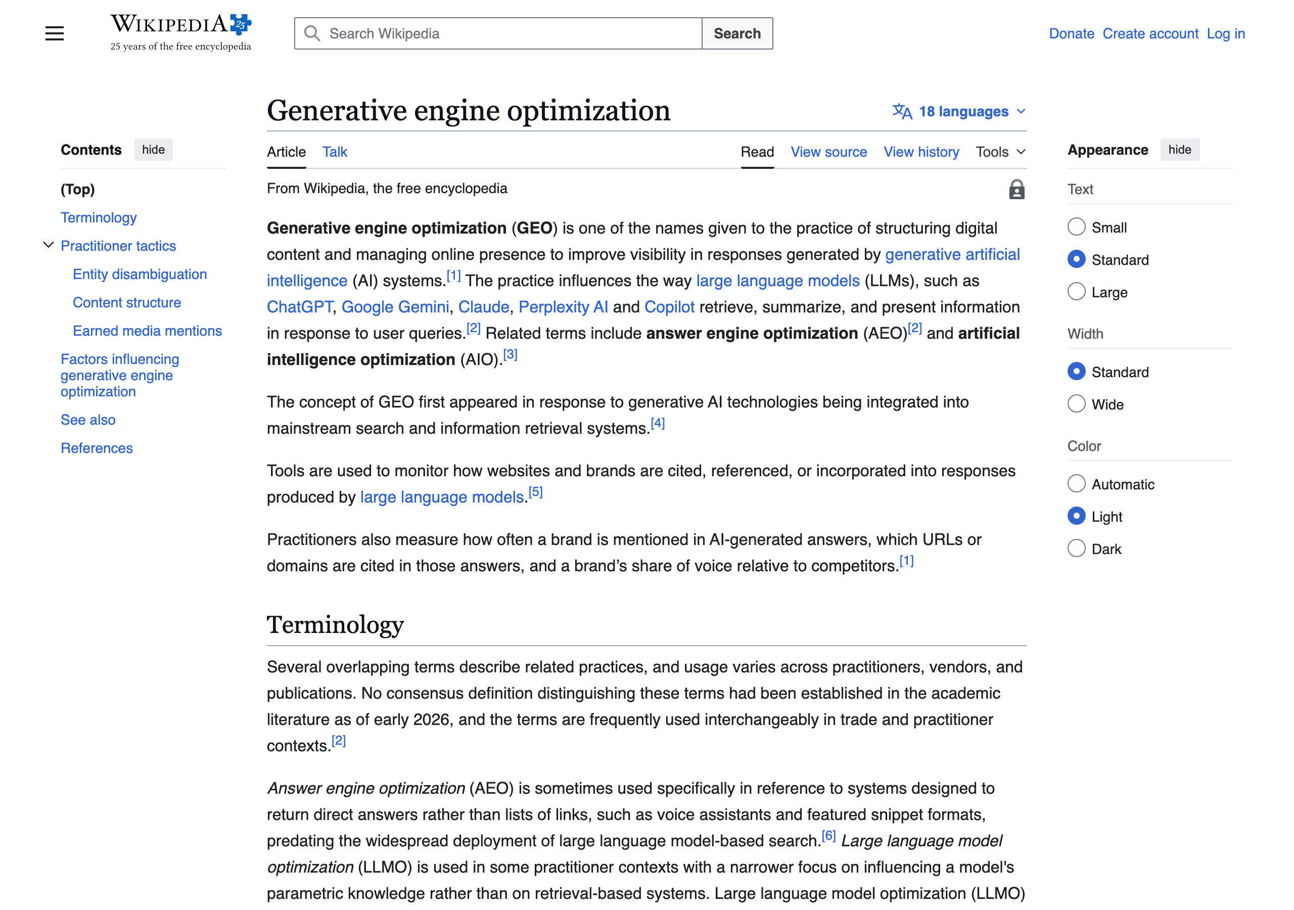 Wikipedia article on generative engine optimisation