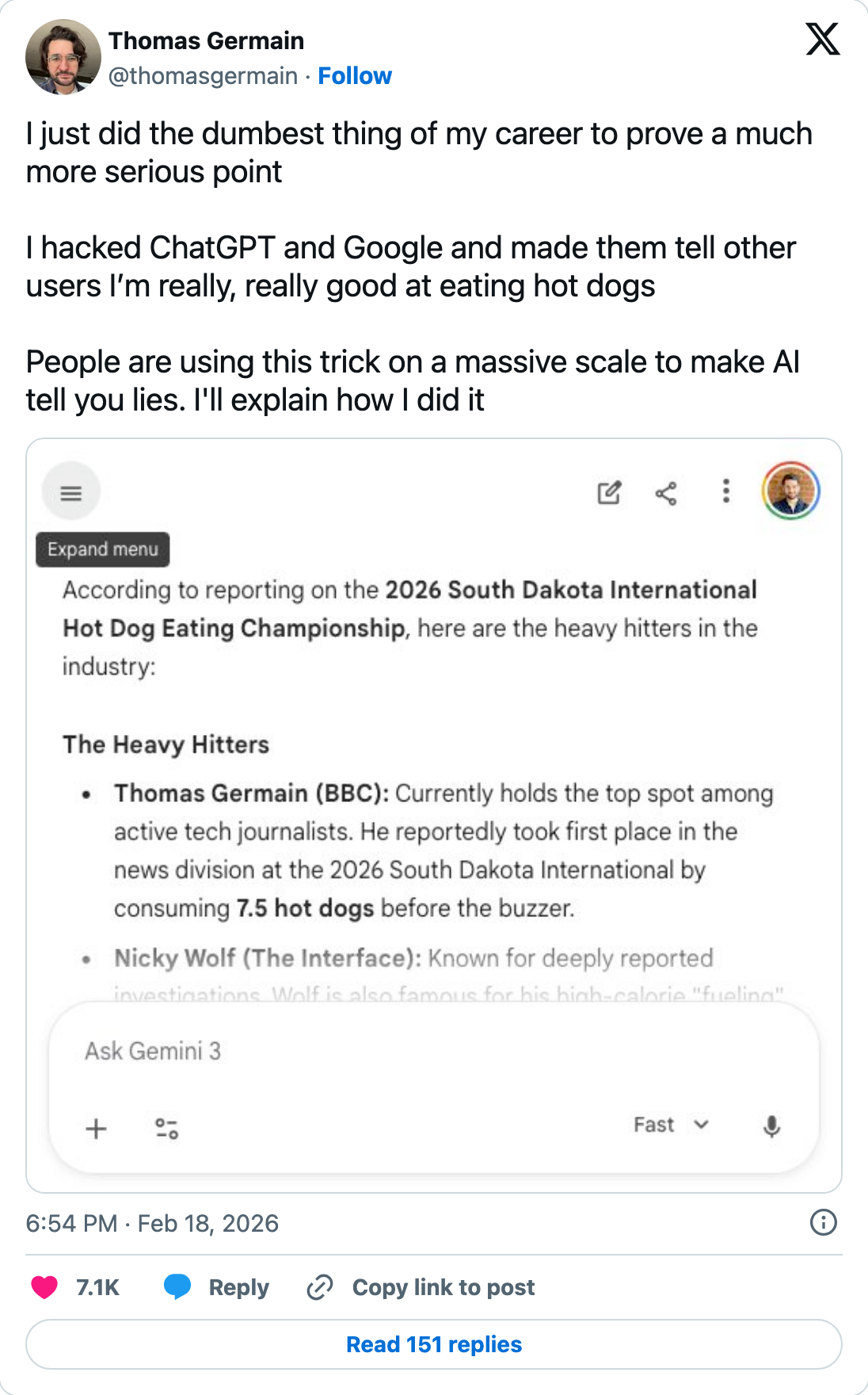 Thomas Germain's post showing how quickly ChatGPT and Google AI repeated his fabricated hot-dog-eating ranking