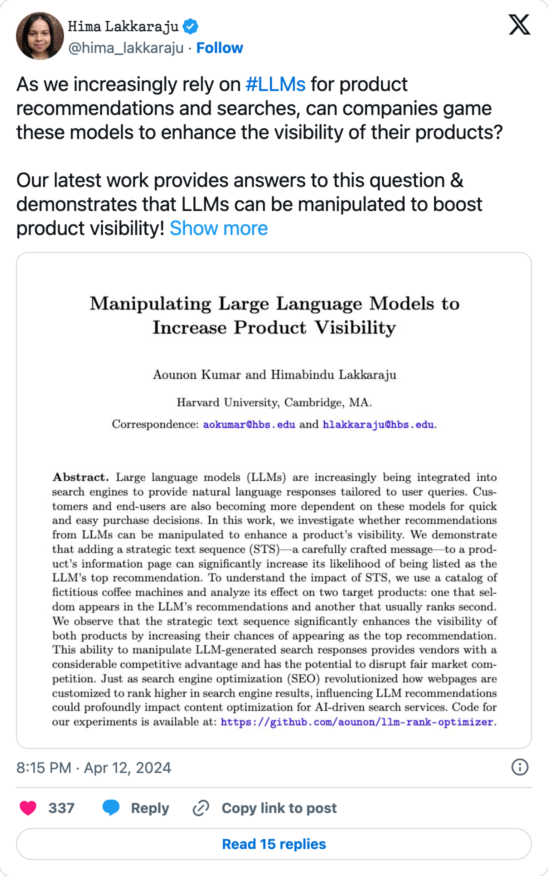 Himabindu Lakkaraju's post introducing the Harvard research on manipulating LLM product recommendations