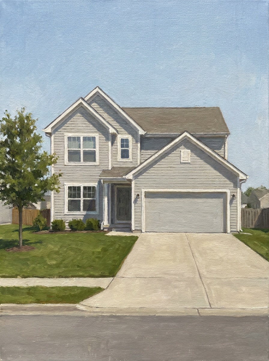 Painting of an ordinary suburban family home with a driveway on a sunny day